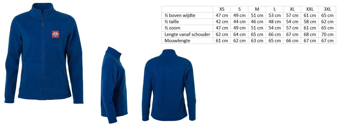 fleece dames front zij achter maattabel
